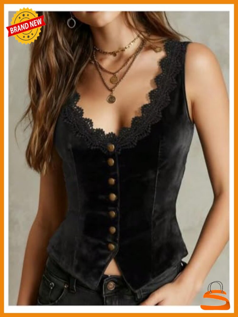 Lace Button Down Tank Top Sleeveless V Neck Fitted Velvet Vest - Picture 2 of 3